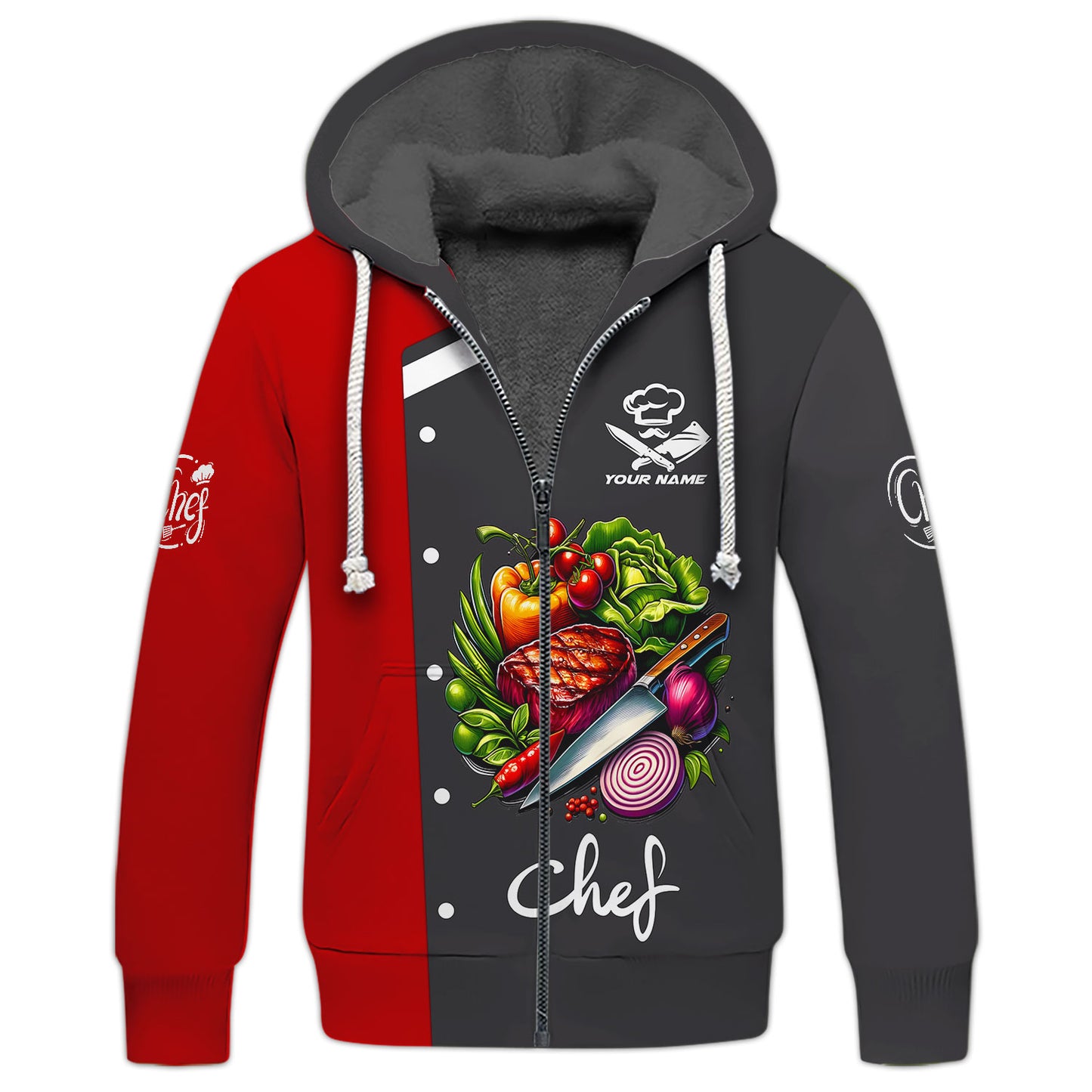 T-shirt de chef personnalisé – Motif d'ingrédients frais et colorés et de viande grillée