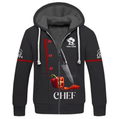 Camisa de chef personalizada: cuchillo de precisión y detalle de pimiento rojo