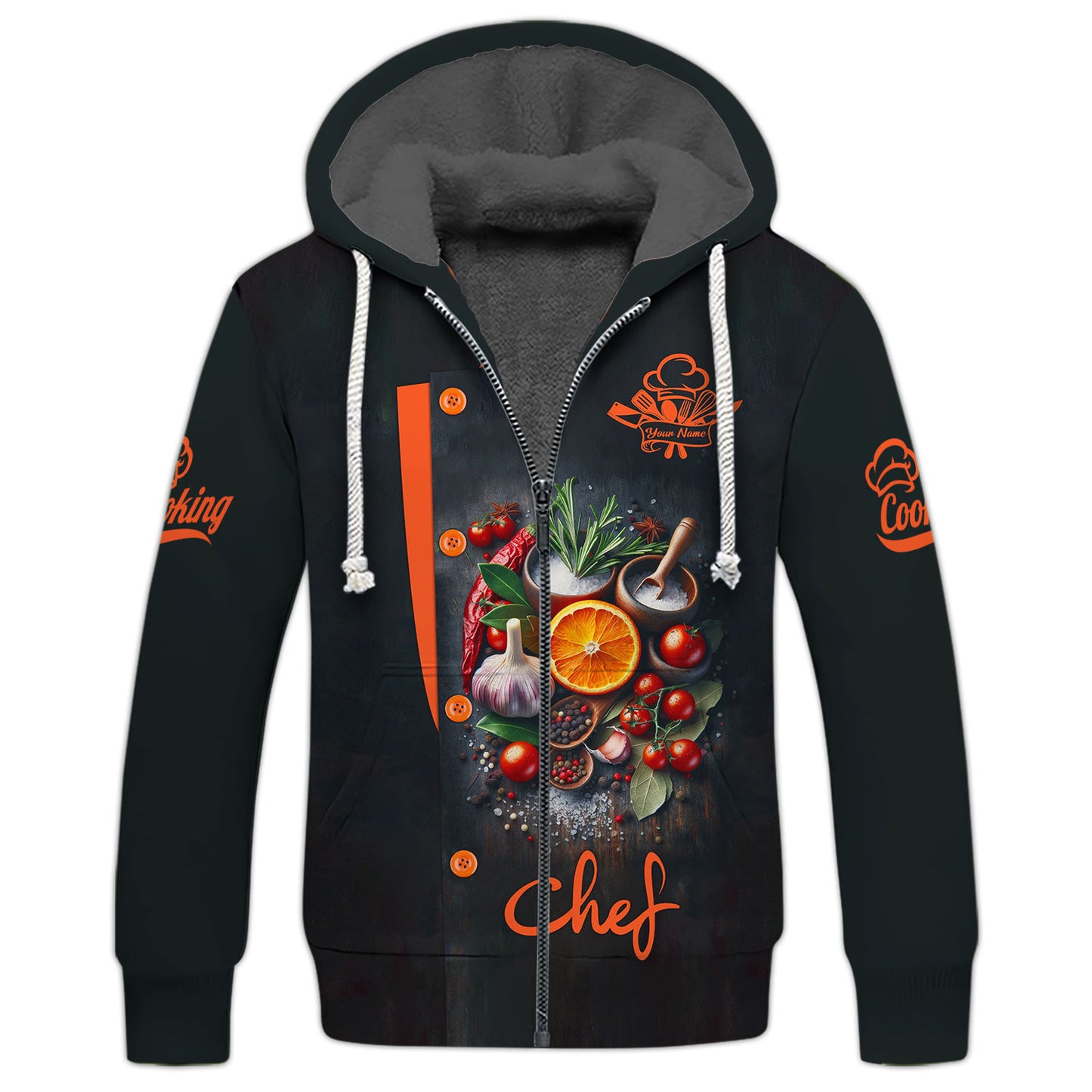 Camisa de chef personalizada: diseño vibrante de cítricos y especias para cocineros apasionados