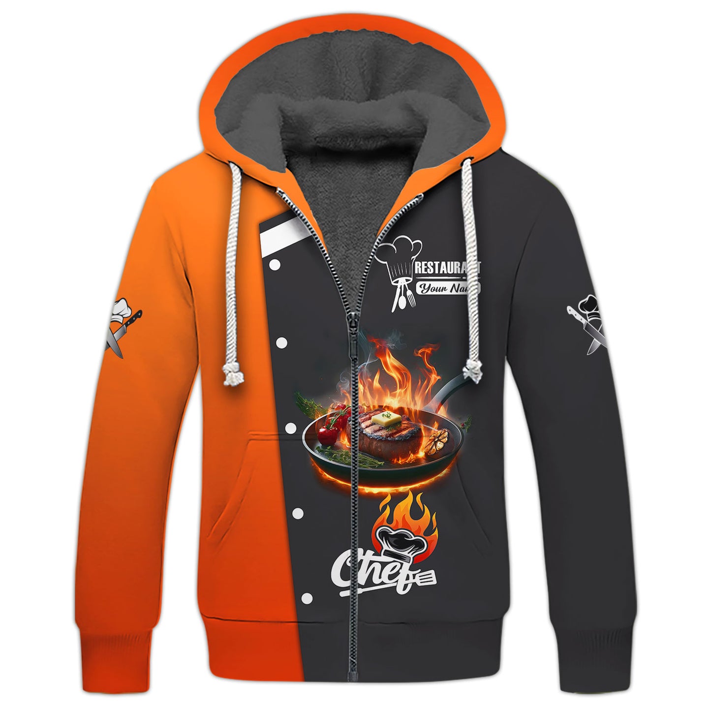 Camisa de chef personalizada: estampado de filete ardiente en negro y naranja