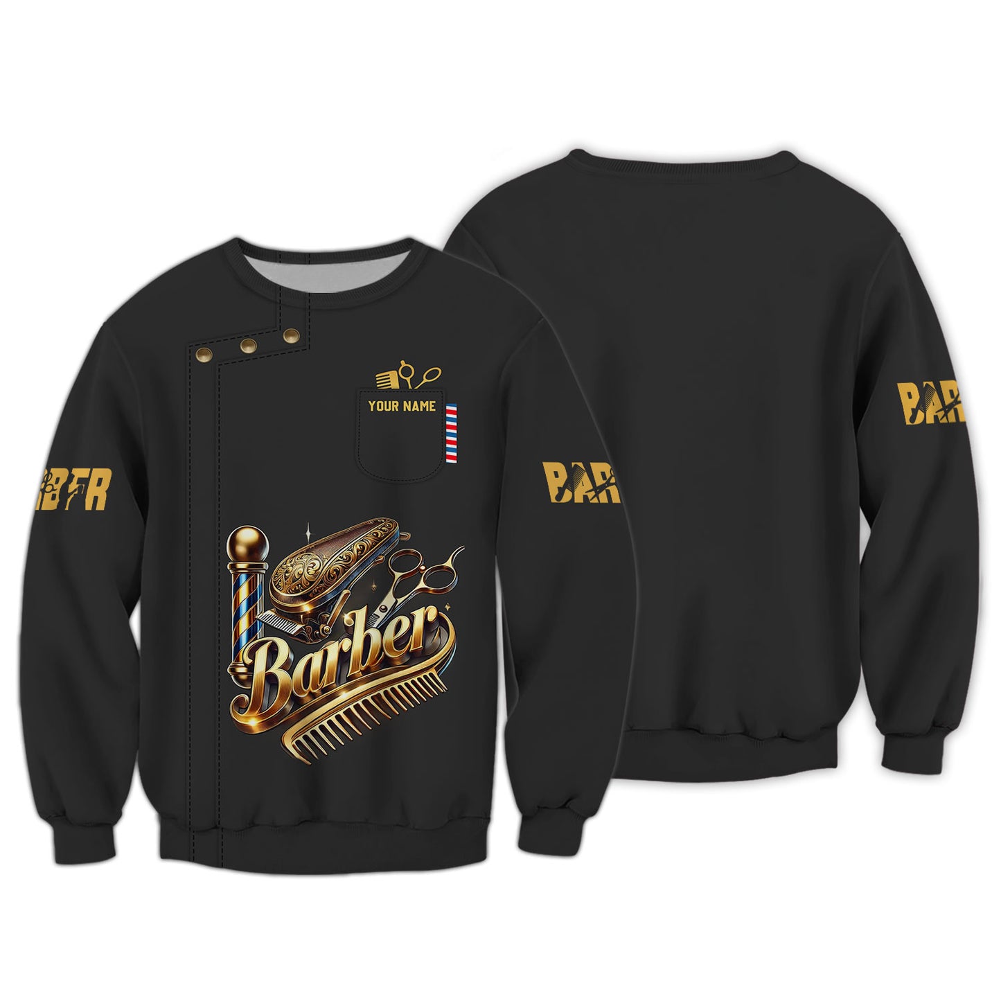 Camisetas con herramientas de barbero doradas con impresión completa en 3D, regalo con nombre personalizado para amantes de la peluquería