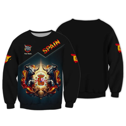 Personalized Spain Pride Shirt - Dual Bulls and Coat of Arms Design for Spain Enthusiasts