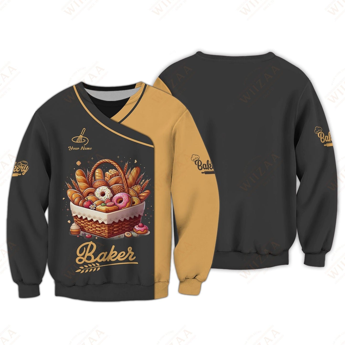 Camiseta de panadero personalizada: cesta de repostería gourmet con borde dorado