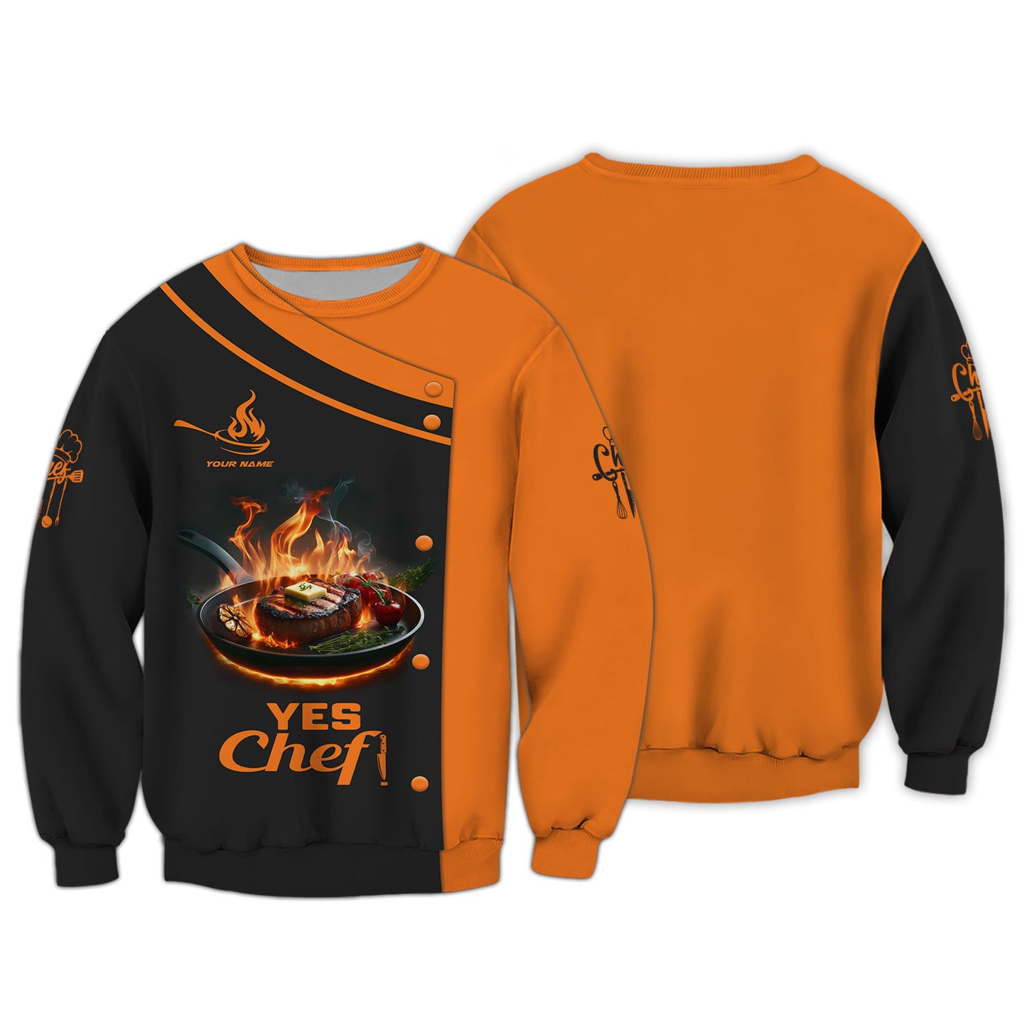 Personalized Chef Shirt – Flaming Steak for Culinary Enthusiasts, Yes Chef!