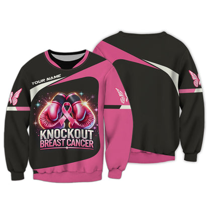 Camisetas personalizadas con texto "Knockout Breast Cancer" y guantes de boxeo. Camiseta 3D para sobrevivientes de cáncer de mama.