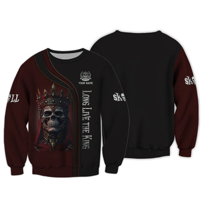 T-shirt personnalisé avec nom King Skull Long Live The King 3D, cadeau pour les amoureux des crânes