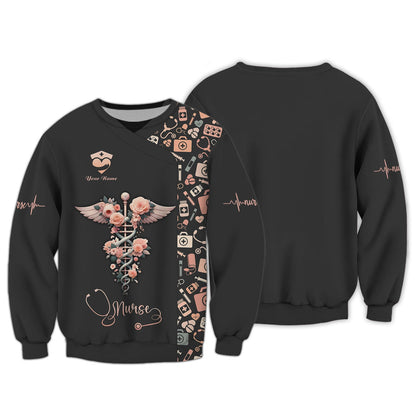 Camiseta de enfermera personalizada: diseño de caduceo floral con alas angelicales