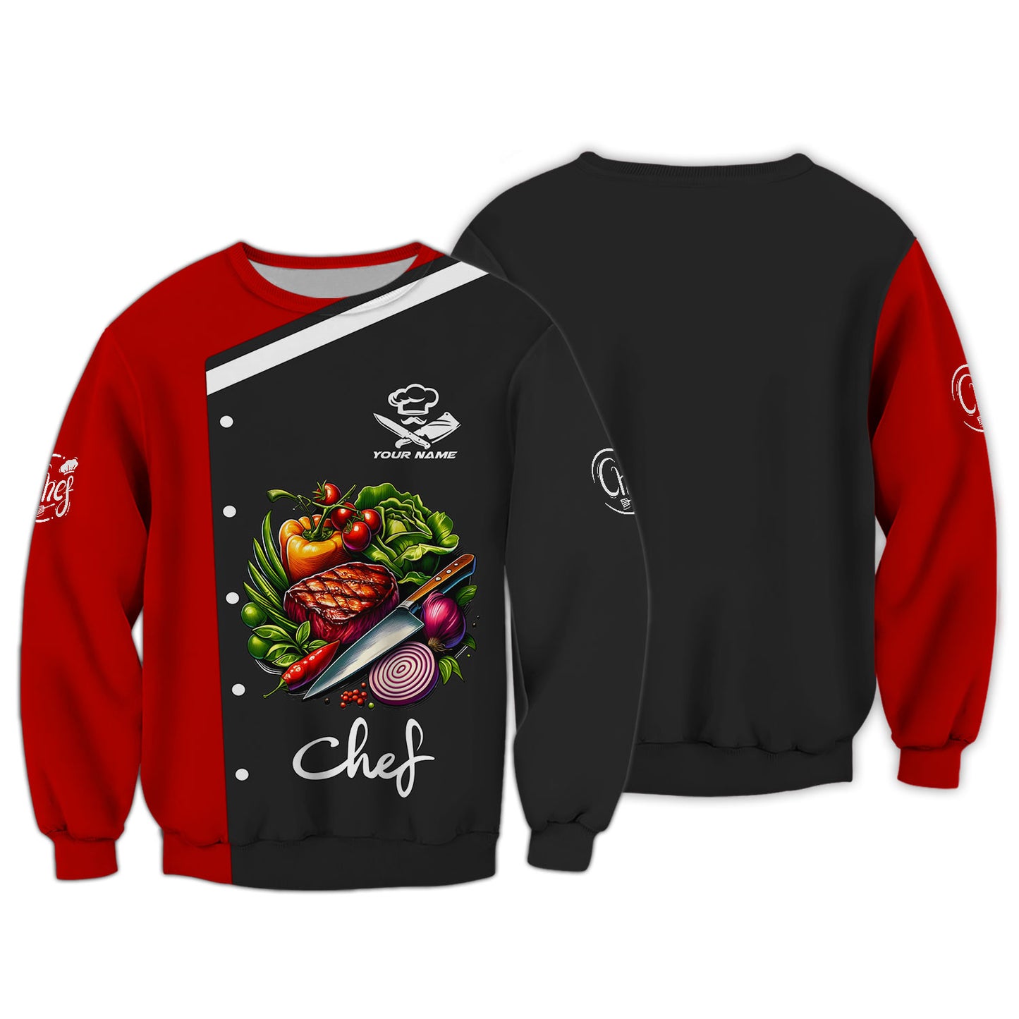 T-shirt de chef personnalisé – Motif d'ingrédients frais et colorés et de viande grillée