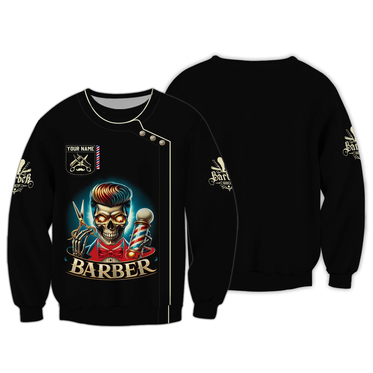 Camiseta de barbero con estampado completo en 3D y calavera personalizada, regalo con nombre para amantes de los barberos