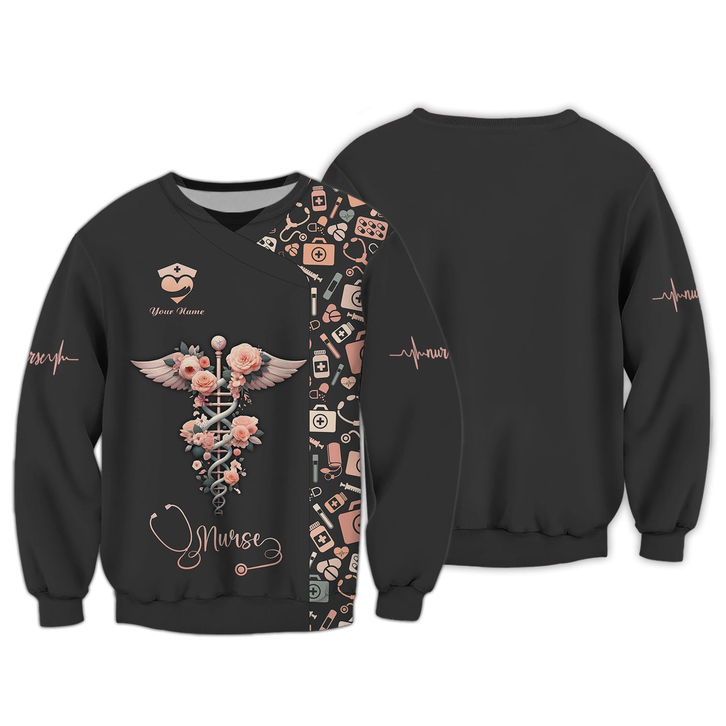 T-shirt d'infirmière personnalisé – Motif caducée floral avec ailes angéliques