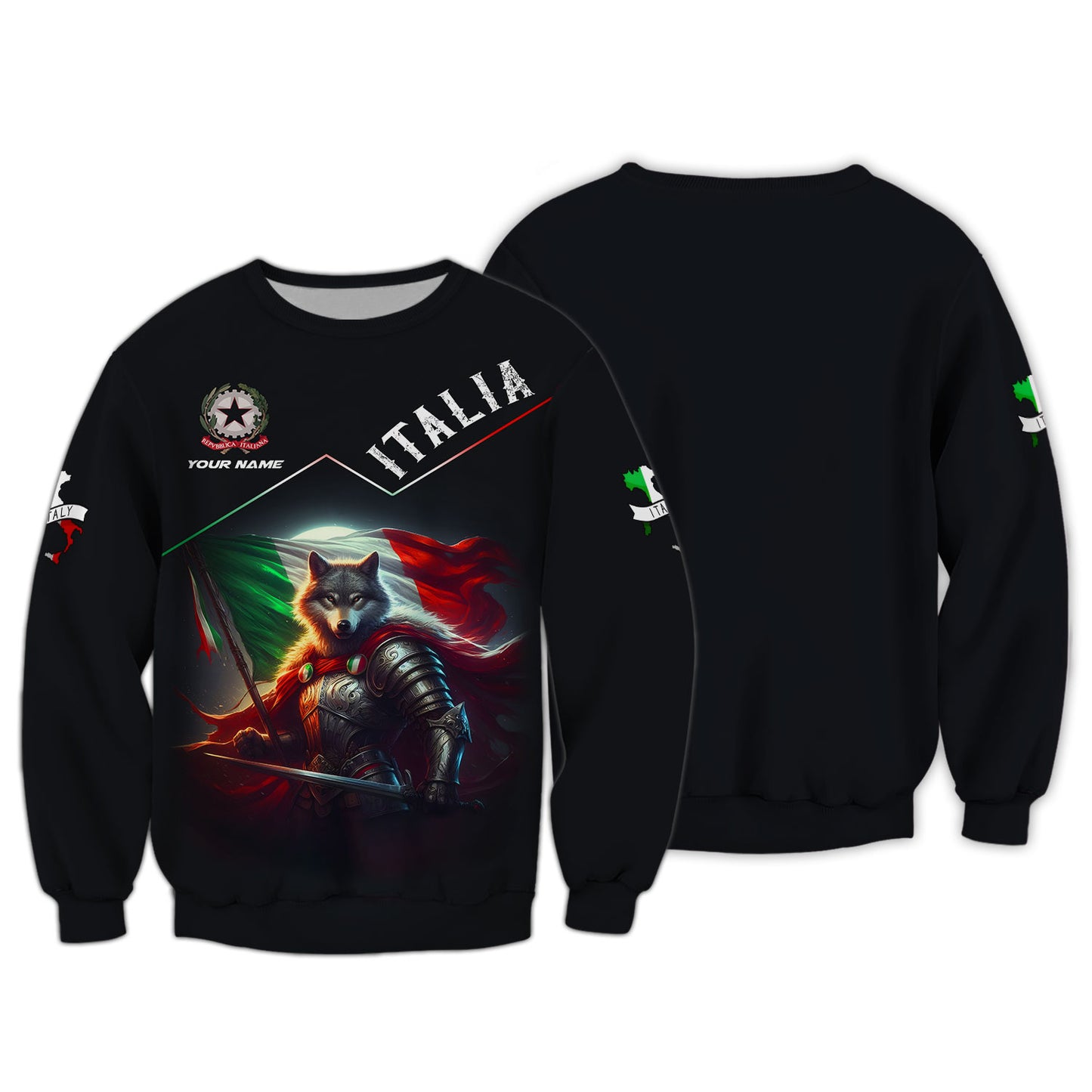 T-shirt 3D Full Print Wolf Warrior Of Italy avec nom personnalisé, cadeau pour les amoureux italiens