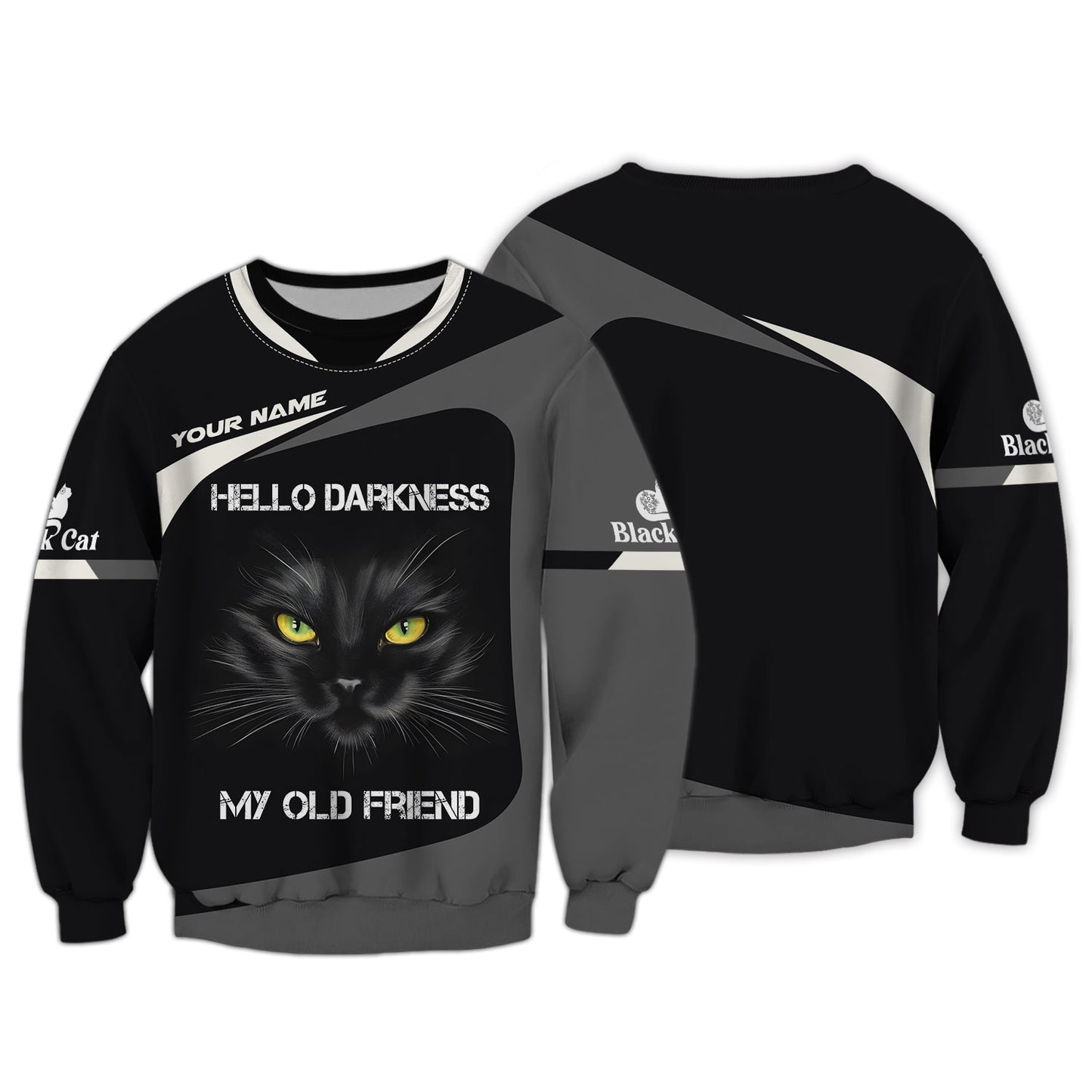 T-shirt personnalisé avec nom de chat noir Hello Darkness My Old Friend 3D Shirts Cadeau pour les amoureux des chats