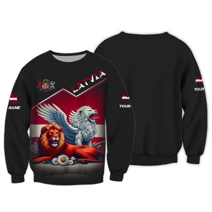 Camiseta personalizada con nombre en 3D de El león con margaritas de Letonia, regalo personalizado para los amantes de Letonia