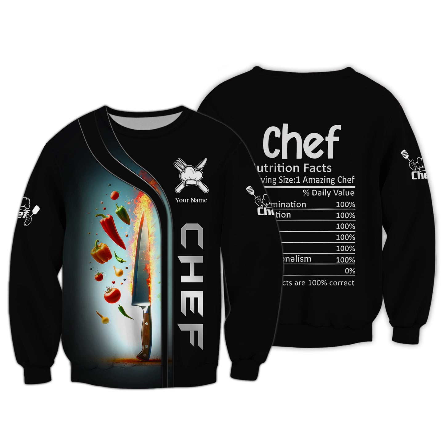 Couteau de chef et légumes T-shirts 3D Couteaux de cuisine T-shirt personnalisé