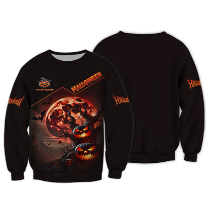 Camisetas de Halloween con estampado completo en 3D de calabaza y luna roja, regalo personalizado con nombre para amantes de Halloween