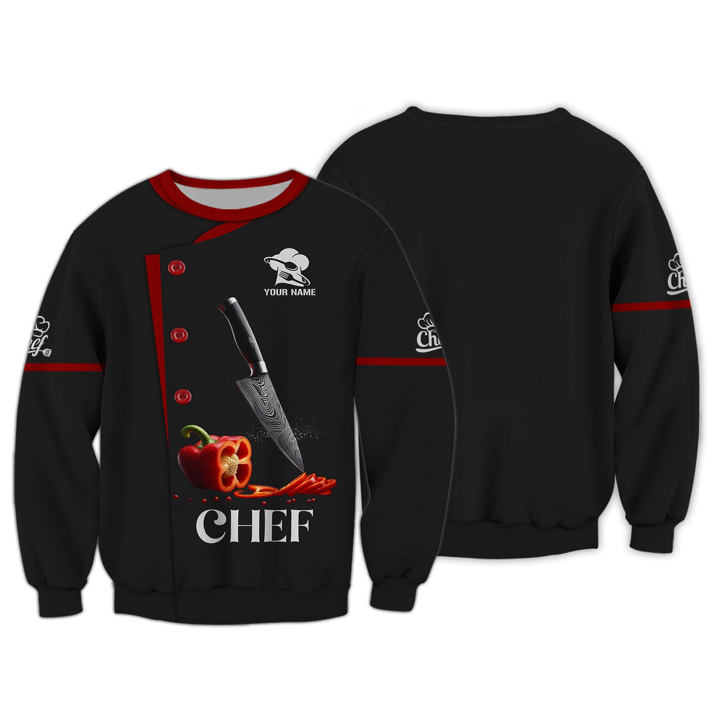 Camisa de chef personalizada: cuchillo de precisión y detalle de pimiento rojo