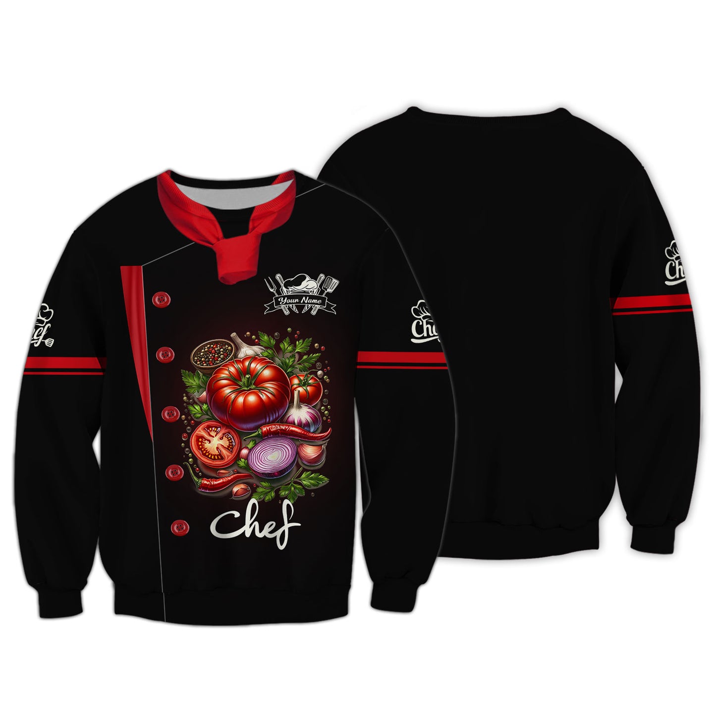 Camisa de chef personalizada: elegante diseño de tomate y cebolla para expertos culinarios