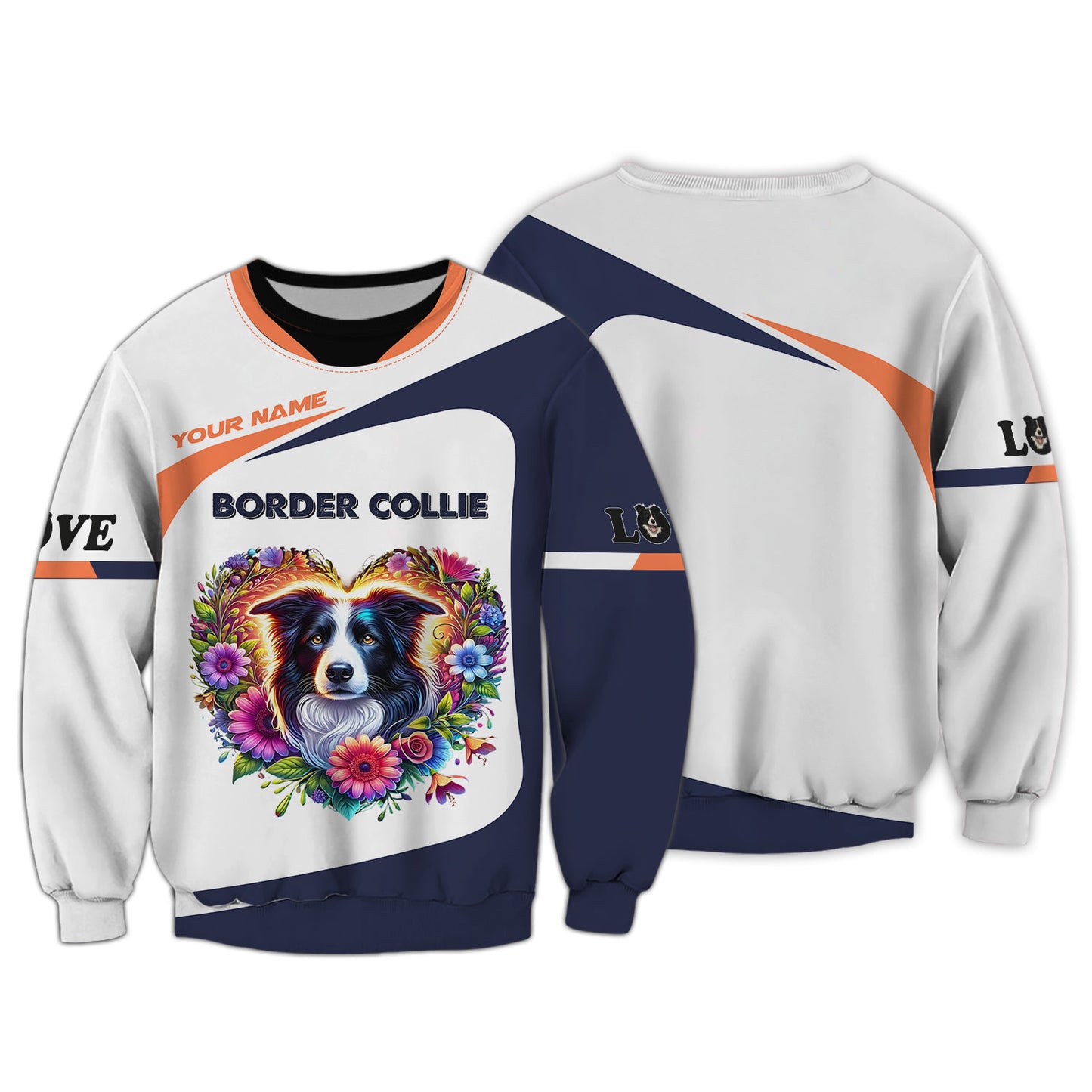 T-shirt Border Collie personnalisé - Motif cœur floral vibrant