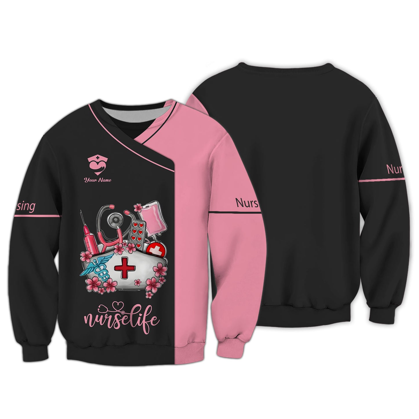 T-shirt d'infirmière personnalisé – « Nurse Life » avec motif médical en rose et noir