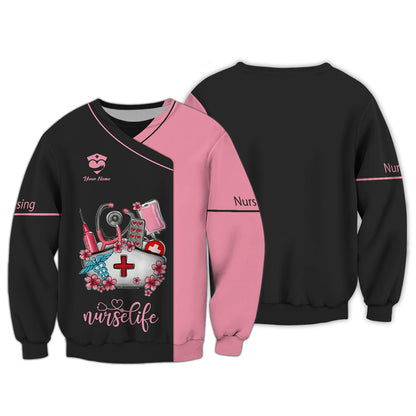 Camiseta de enfermera personalizada: «Nurse Life» con motivo médico en rosa y negro