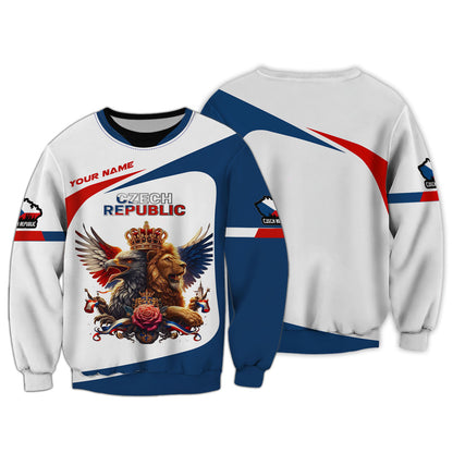 Camisetas con estampado 3D completo de león y águila de la República Checa, regalo con nombre personalizado para amantes checos