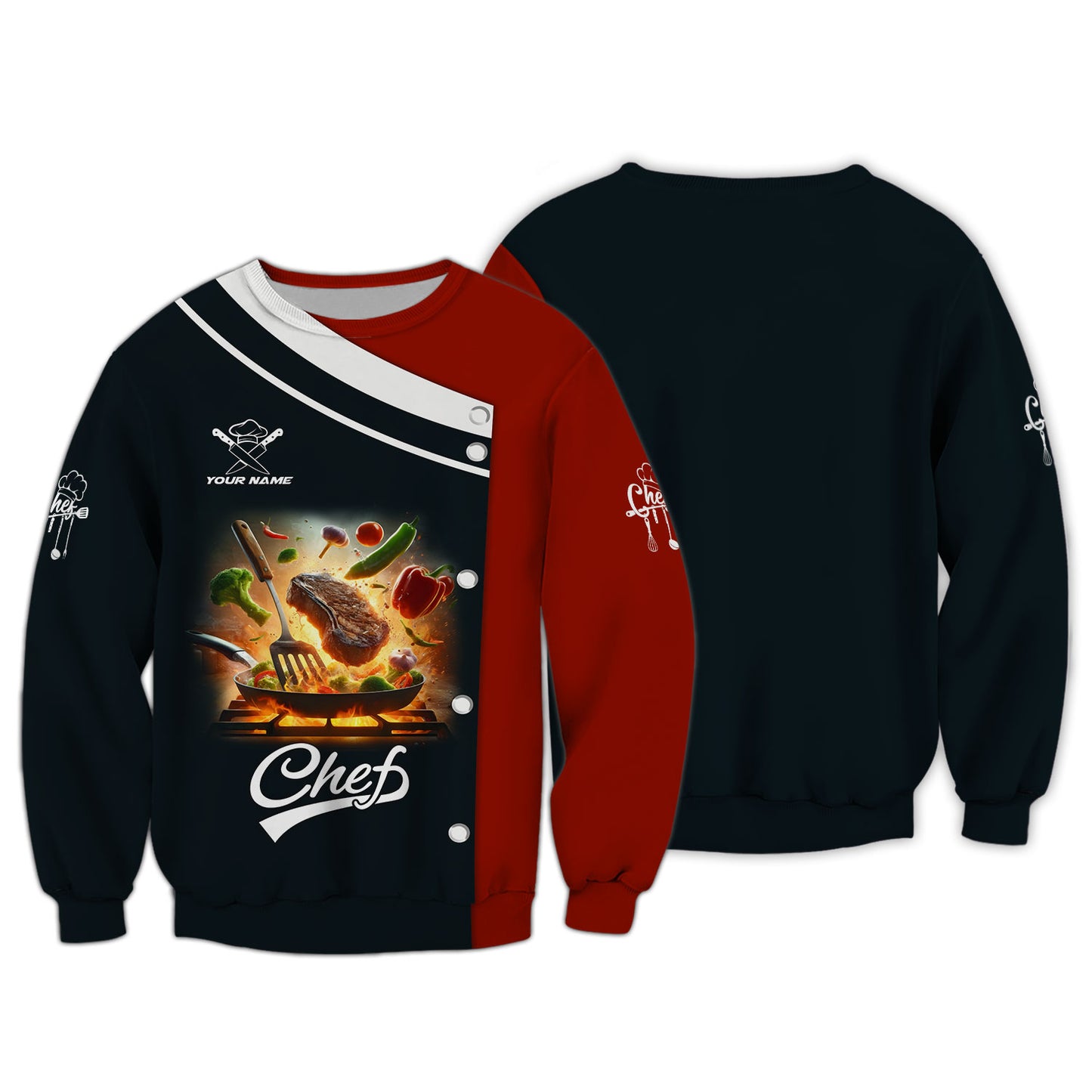 T-shirt de chef personnalisé – Motif Flaming Grill &amp; Feast