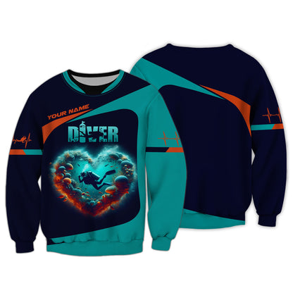 3D Full Print Scuba Diving Heart Shirts Personalized Name Gift For Diver Lovers