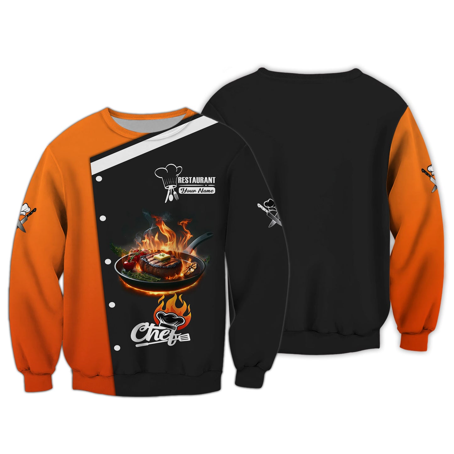 Camisa de chef personalizada: estampado de filete ardiente en negro y naranja