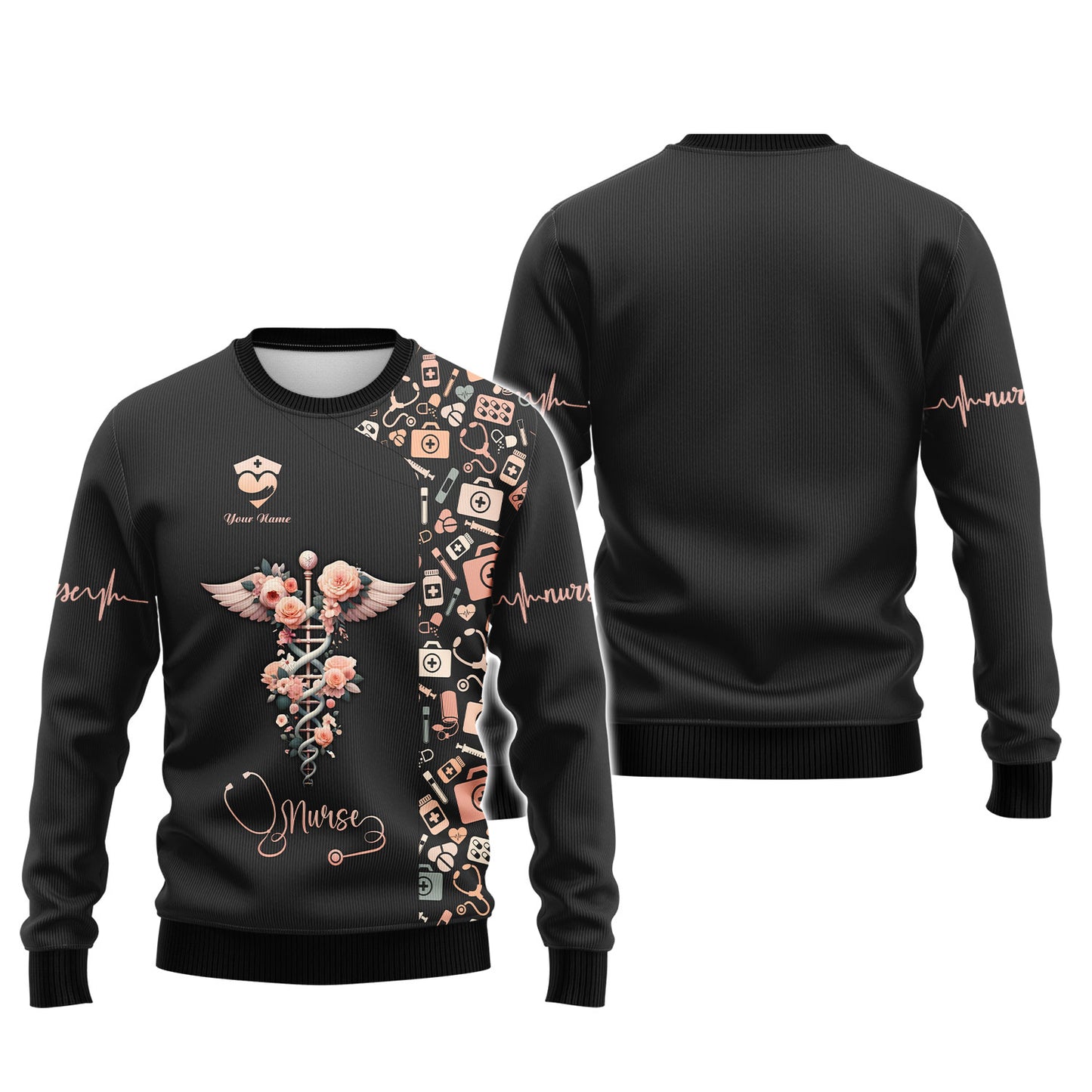 T-shirt d'infirmière personnalisé – Motif caducée floral avec ailes angéliques