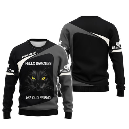 T-shirt personnalisé avec nom de chat noir Hello Darkness My Old Friend 3D Shirts Cadeau pour les amoureux des chats