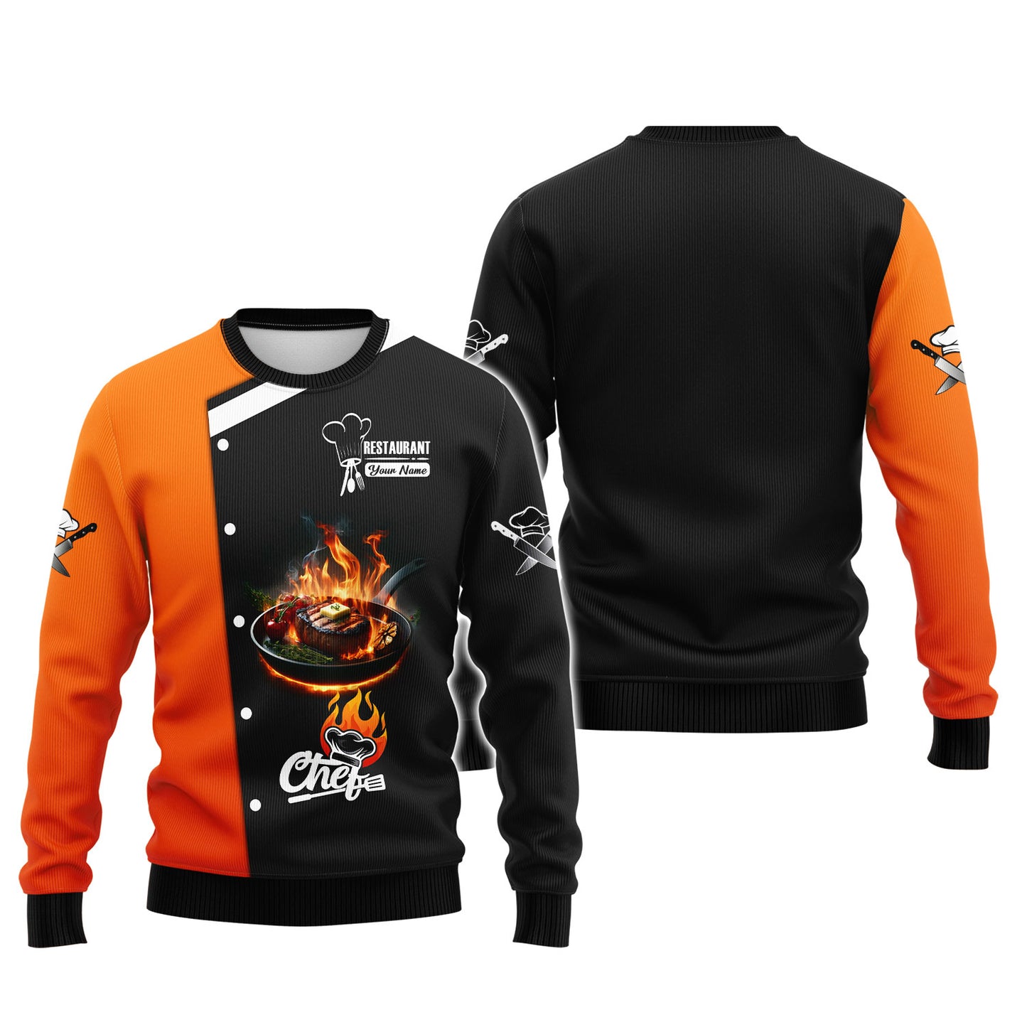 Camisa de chef personalizada: estampado de filete ardiente en negro y naranja