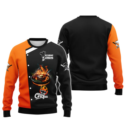 Camisa de chef personalizada: estampado de filete ardiente en negro y naranja