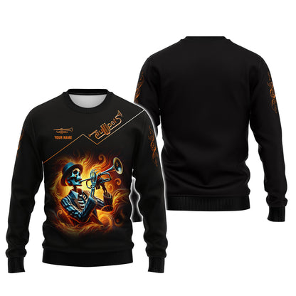 Camiseta con estampado 3D completo de calavera de fuego y trompeta, regalo personalizado con nombre para amantes de la trompeta