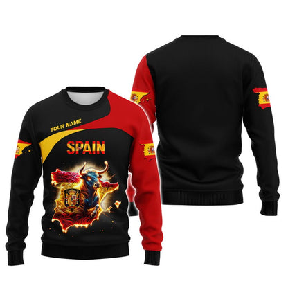 Personalized Spain Pride Shirt - Fiery Bull Design for Spain Fans