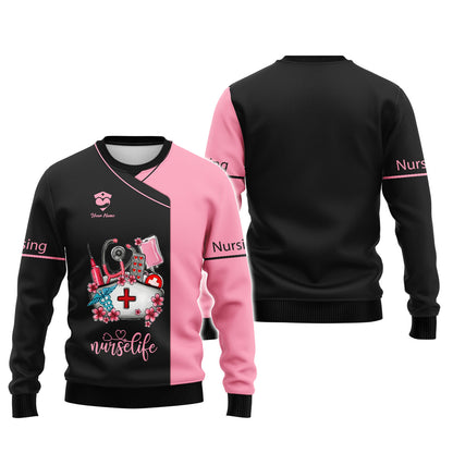 Camiseta de enfermera personalizada: «Nurse Life» con motivo médico en rosa y negro