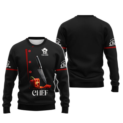 Camisa de chef personalizada: cuchillo de precisión y detalle de pimiento rojo