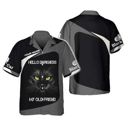 T-shirt personnalisé avec nom de chat noir Hello Darkness My Old Friend 3D Shirts Cadeau pour les amoureux des chats