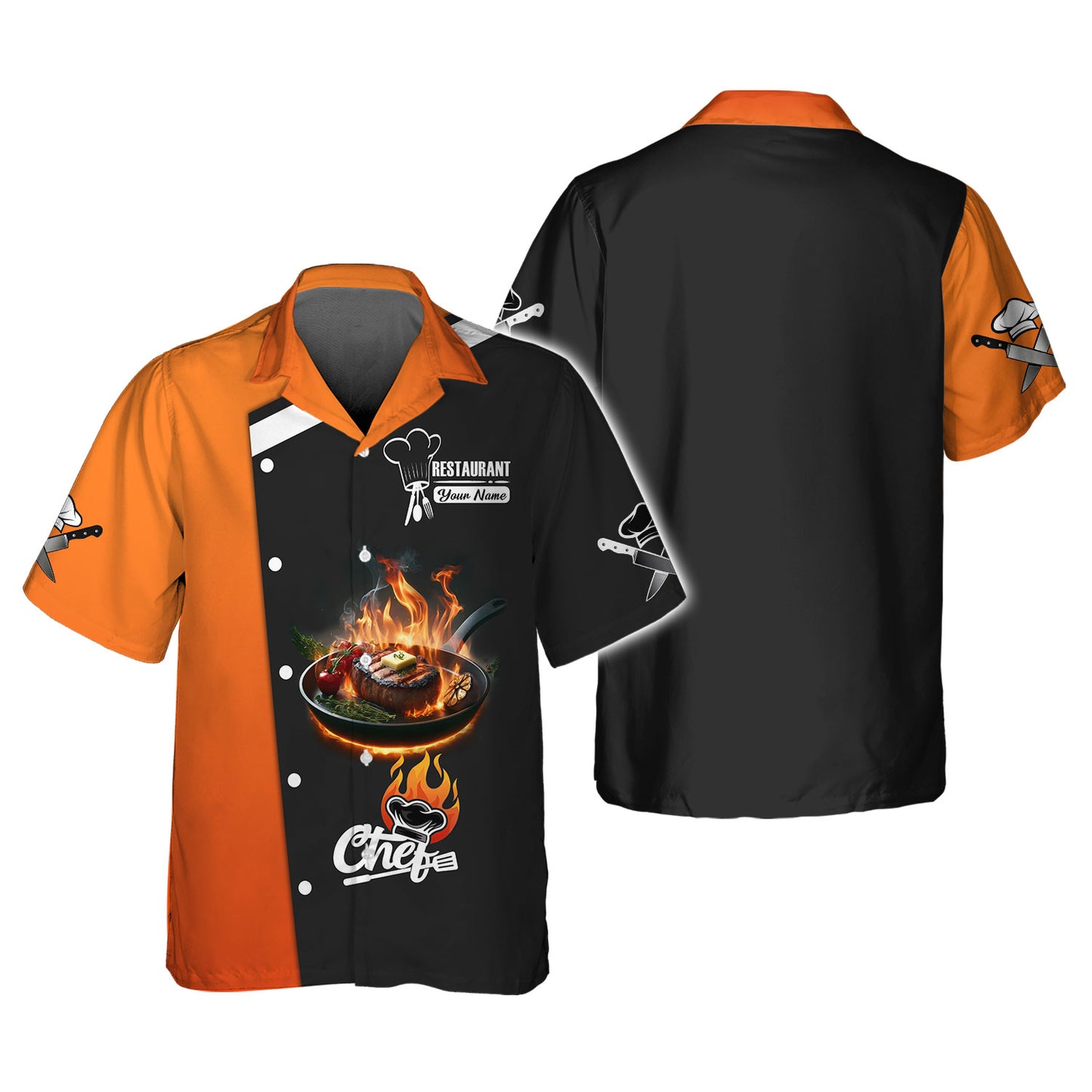 Camisa de chef personalizada: estampado de filete ardiente en negro y naranja