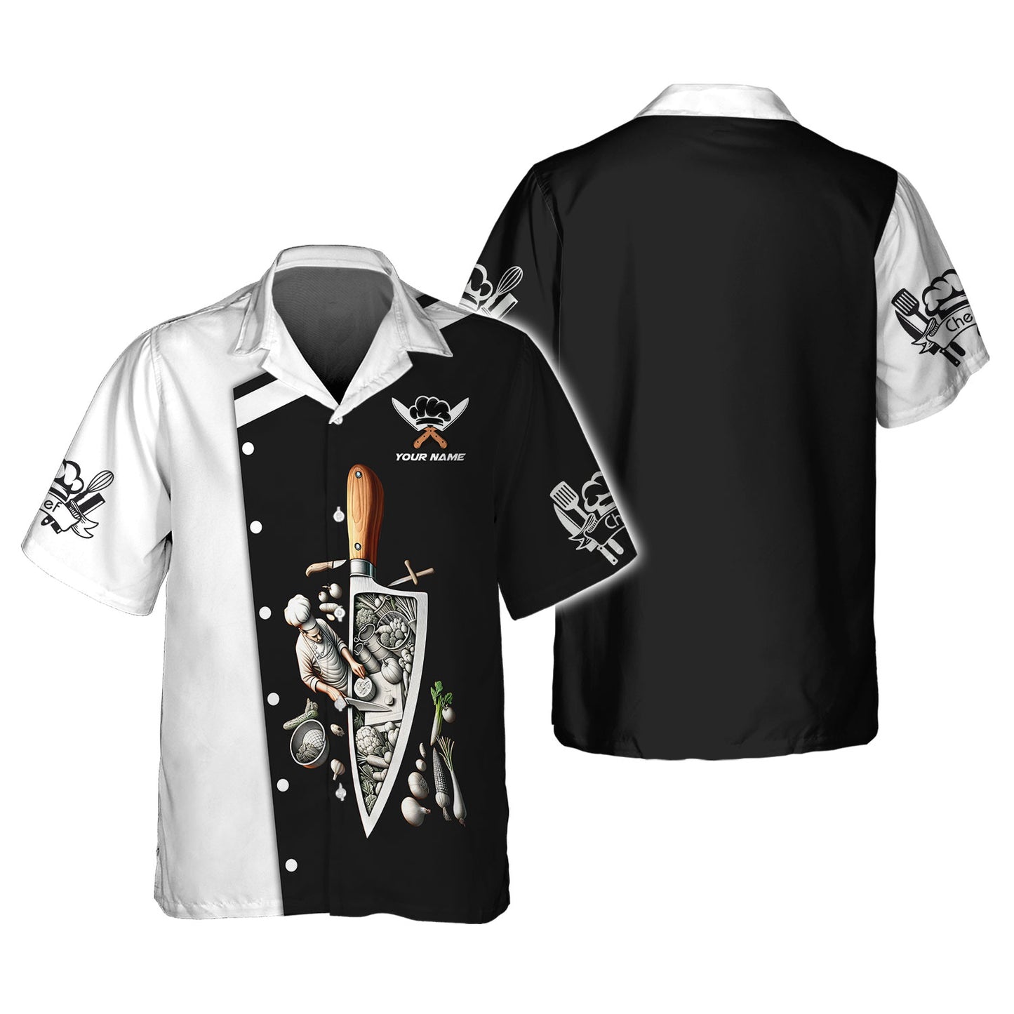 Camisa de chef personalizada - Montaje de cuchillos e ingredientes de Culinary Artistry