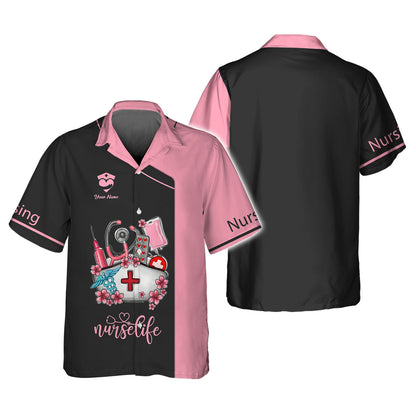 Personalized Nurse Shirt – 'Nurse Life' with Medical Motif in Pink and Black