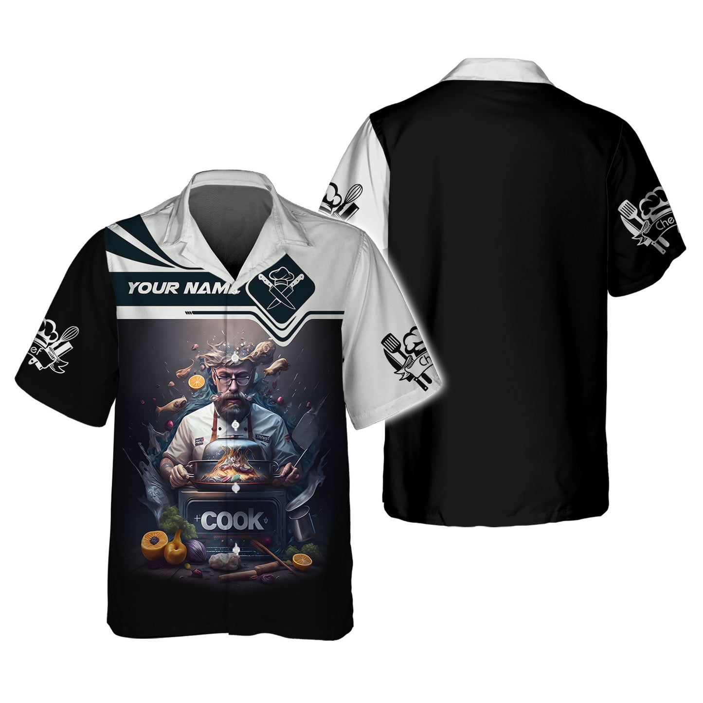 Camiseta de chef personalizada: chef maestro en acción con imágenes dinámicas de cocina