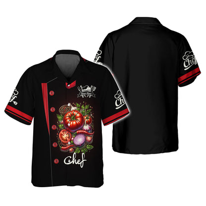 Camisa de chef personalizada: elegante diseño de tomate y cebolla para expertos culinarios