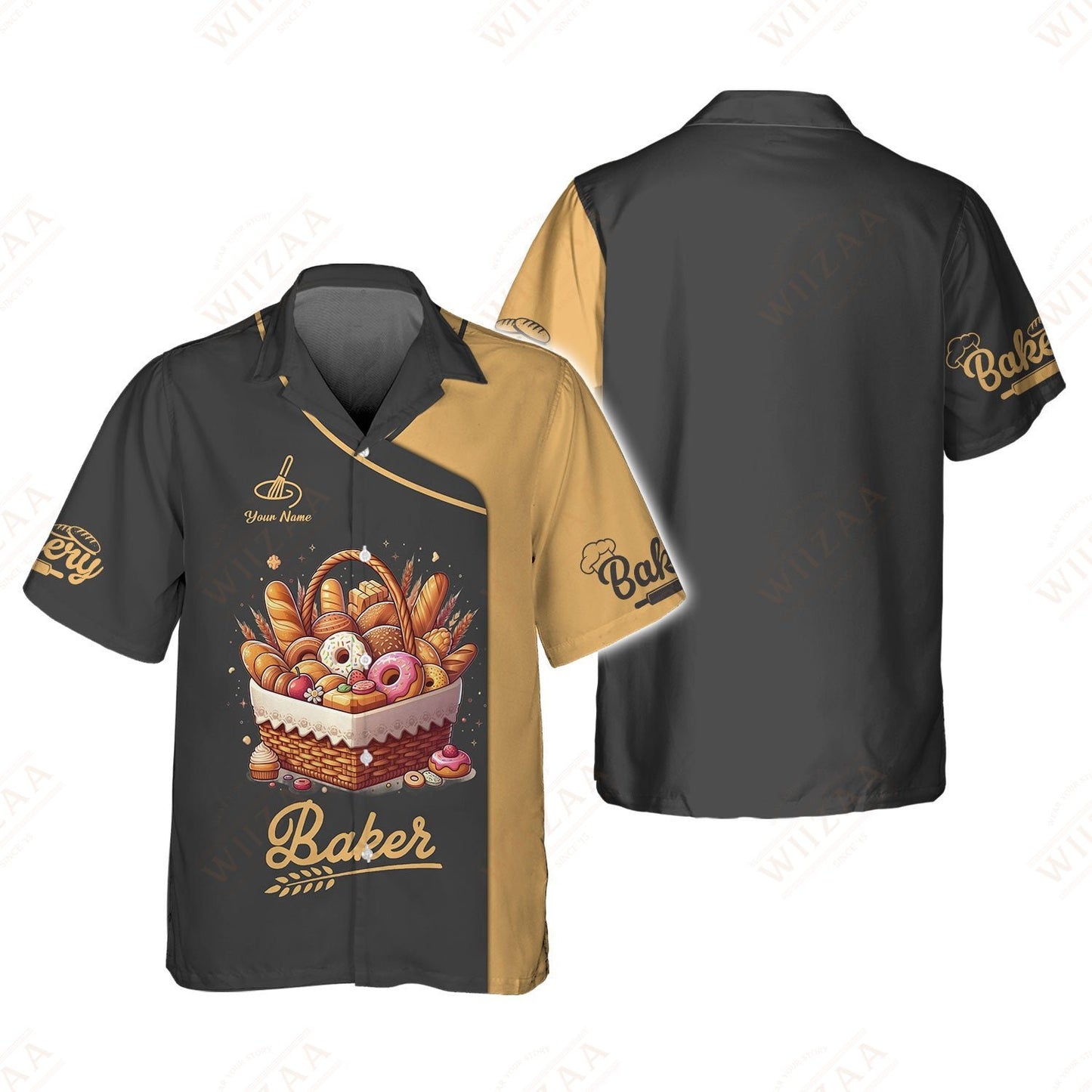 Camiseta de panadero personalizada: cesta de repostería gourmet con borde dorado