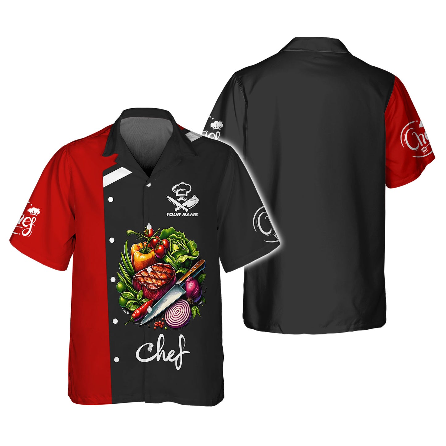 T-shirt de chef personnalisé – Motif d'ingrédients frais et colorés et de viande grillée