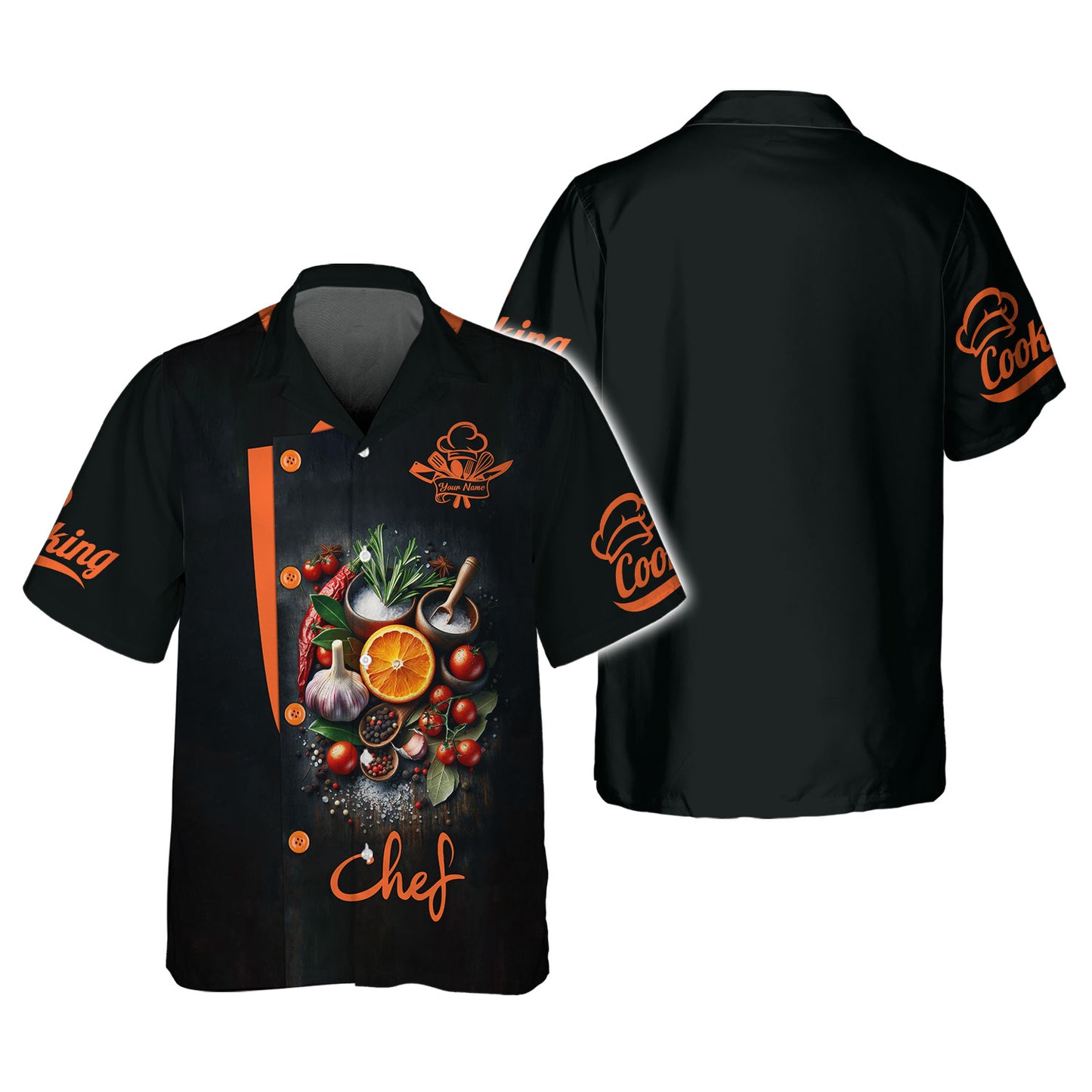 Camisa de chef personalizada: diseño vibrante de cítricos y especias para cocineros apasionados