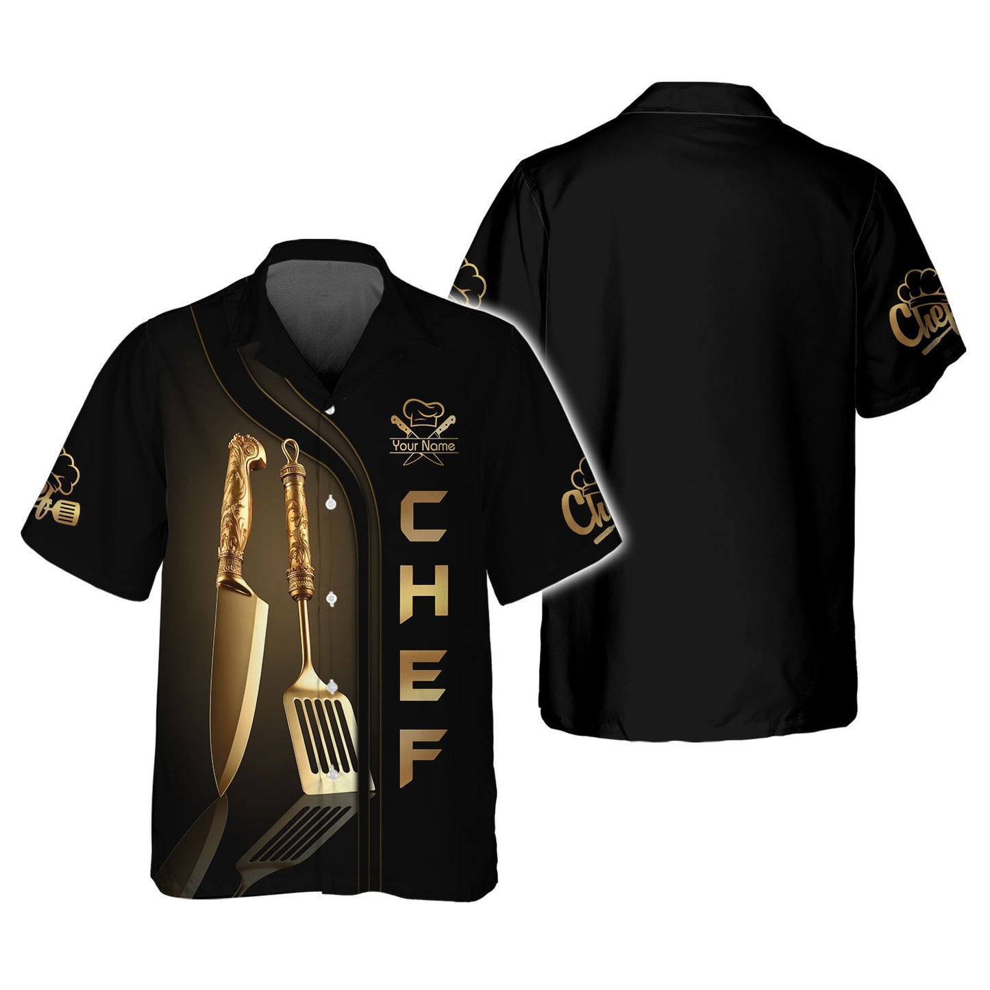 Personalized Chef Shirt - Gourmet Gold Accents & Cookware Motif