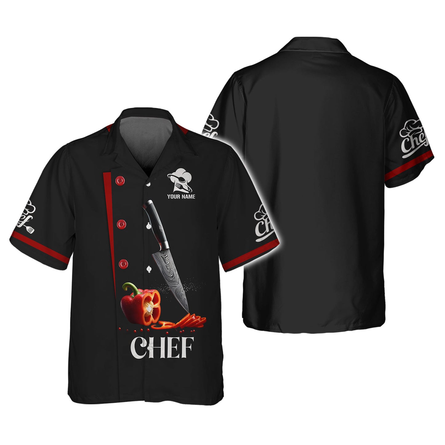 Camisa de chef personalizada: cuchillo de precisión y detalle de pimiento rojo