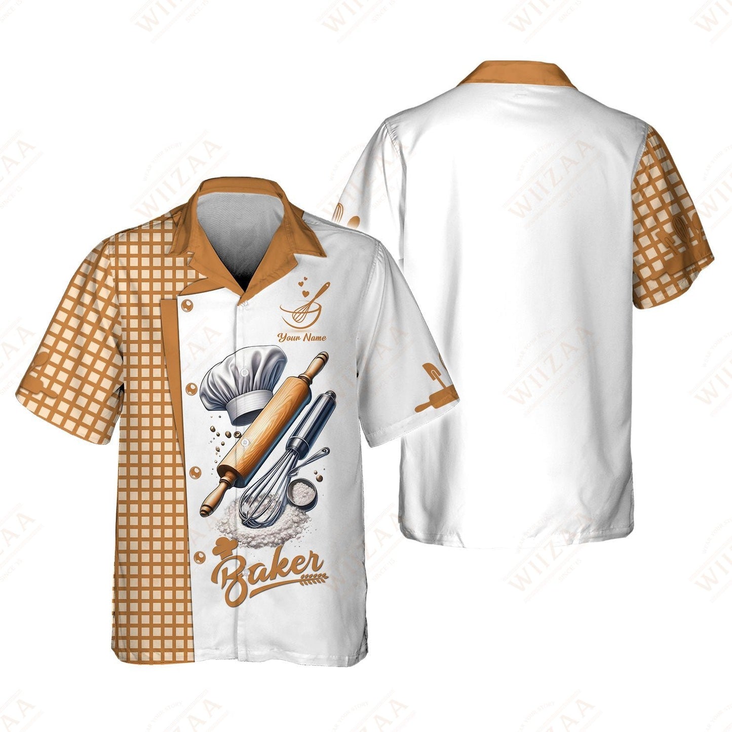 T-shirt de boulanger personnalisé – Fouet et rouleau à pâtisserie élégants sur fond blanc classique