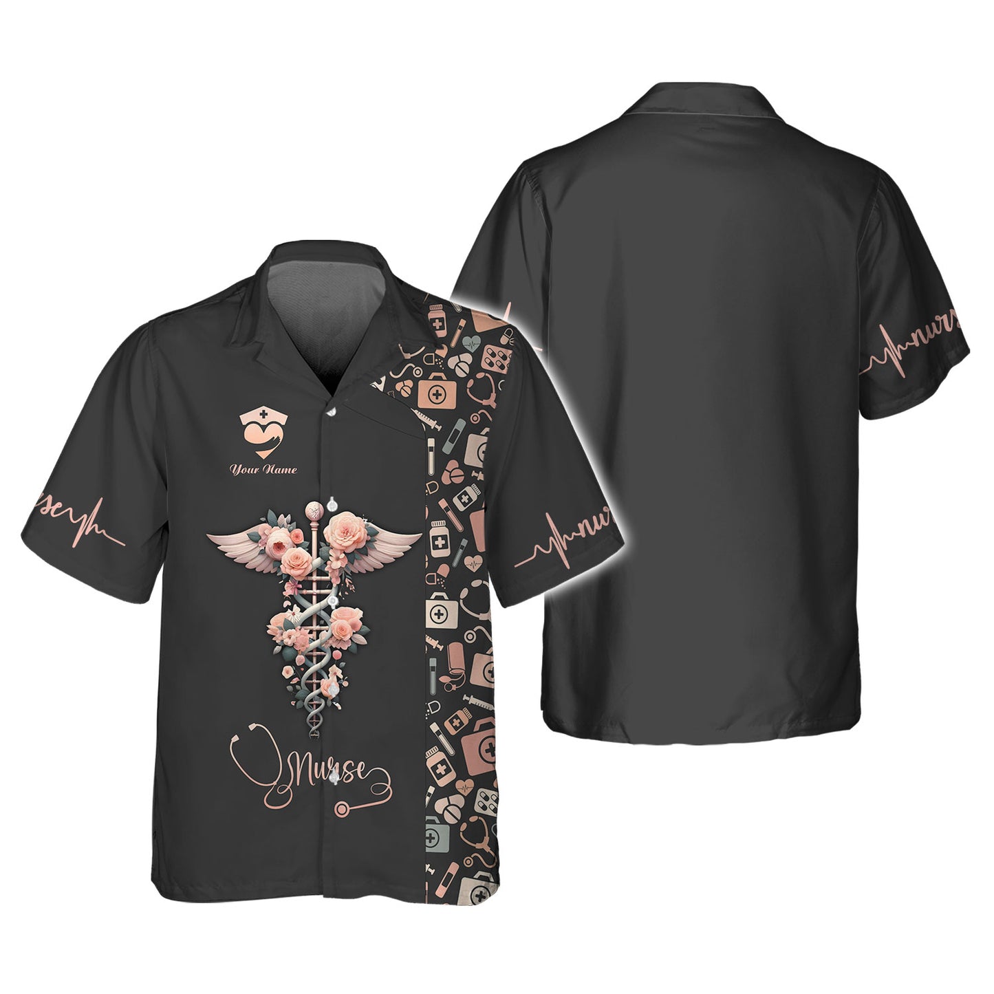 Personalized Nurse Shirt – Floral Caduceus with Angelic Wings Design