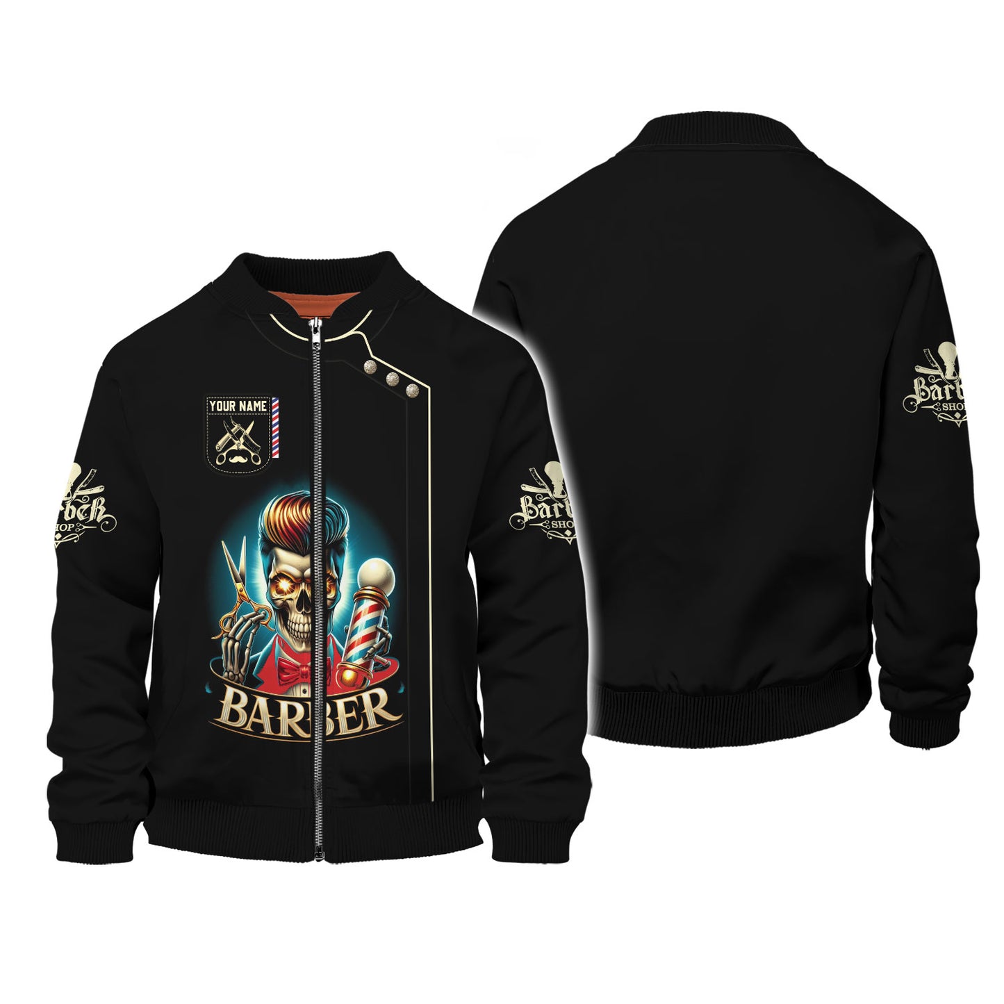 Camiseta de barbero con estampado completo en 3D y calavera personalizada, regalo con nombre para amantes de los barberos